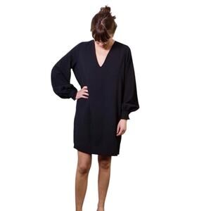 Ganni Black Crepe Balloon Sleeve Dress V Neck Womens Size 36/6 Relaxed Fit Flowy
